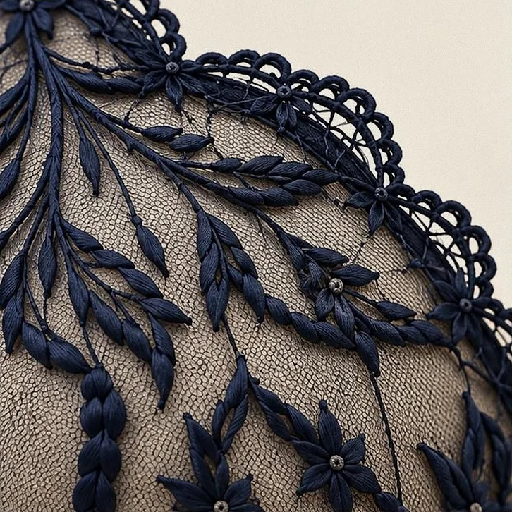 Close-up of the midnight leaf embroidery on nude tulle.