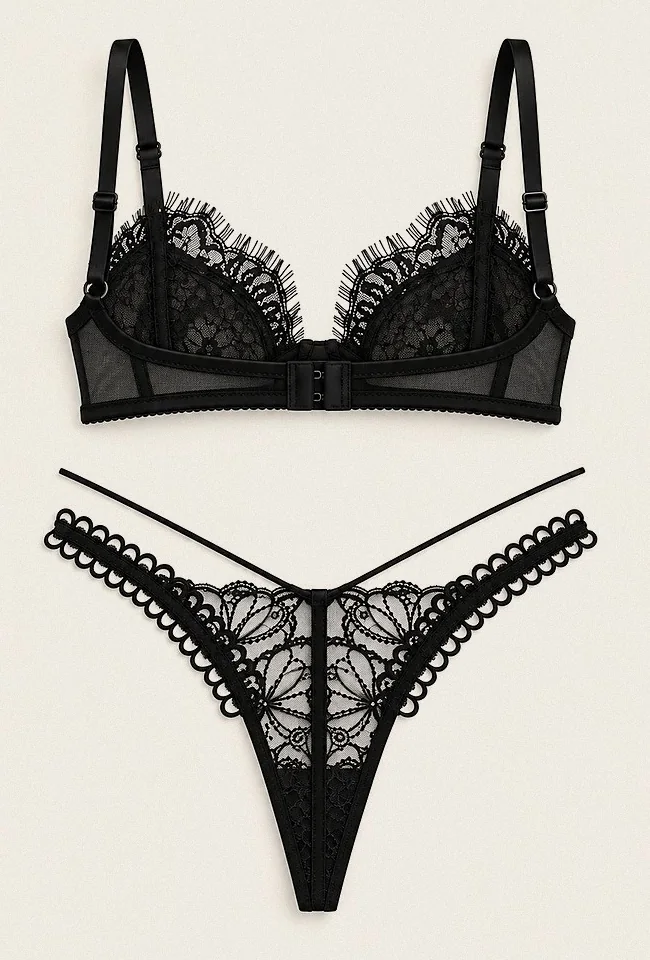 Noir, back view: hook closure and double string thong.
